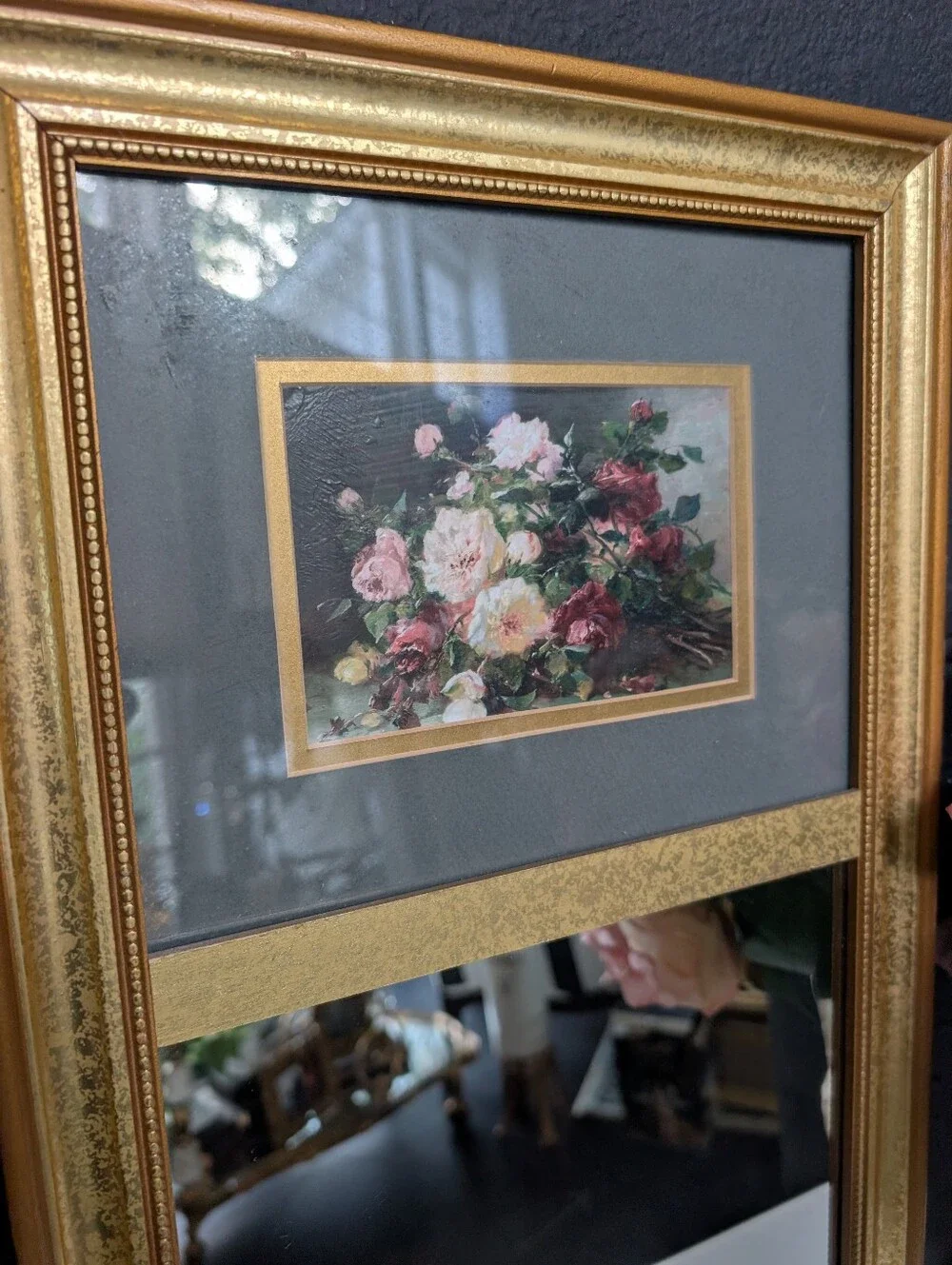 Vintage, Gold trumeau-style Wall Mirror,  Wood frame w/ inset VTG floral still